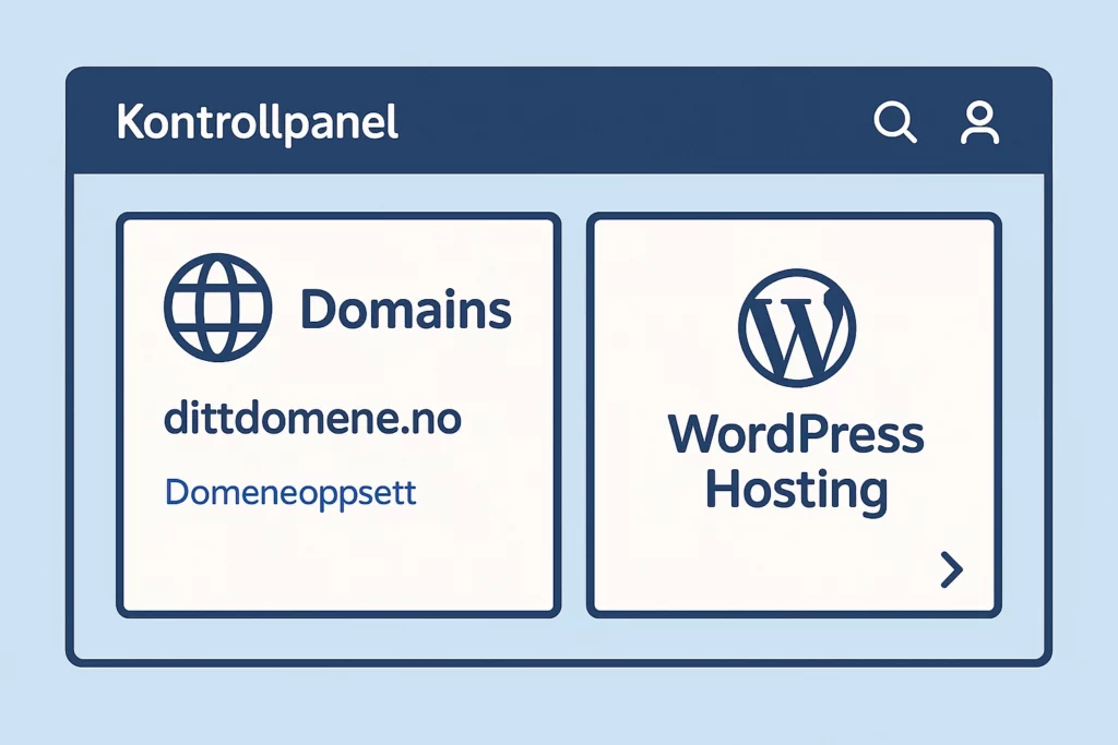 Kontrollpanel hos webhotellleverandør som viser domeneoppsett og valget for “WordPress Hosting”