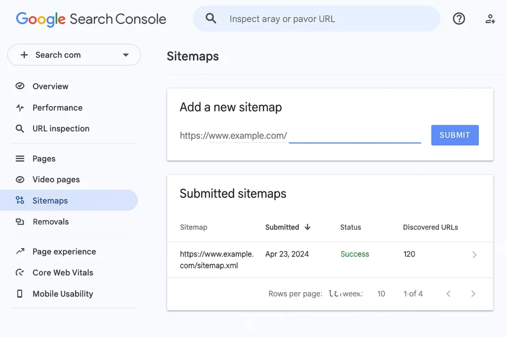 Google Search Console med en innsendt sitemap-URL og “Success” melding.