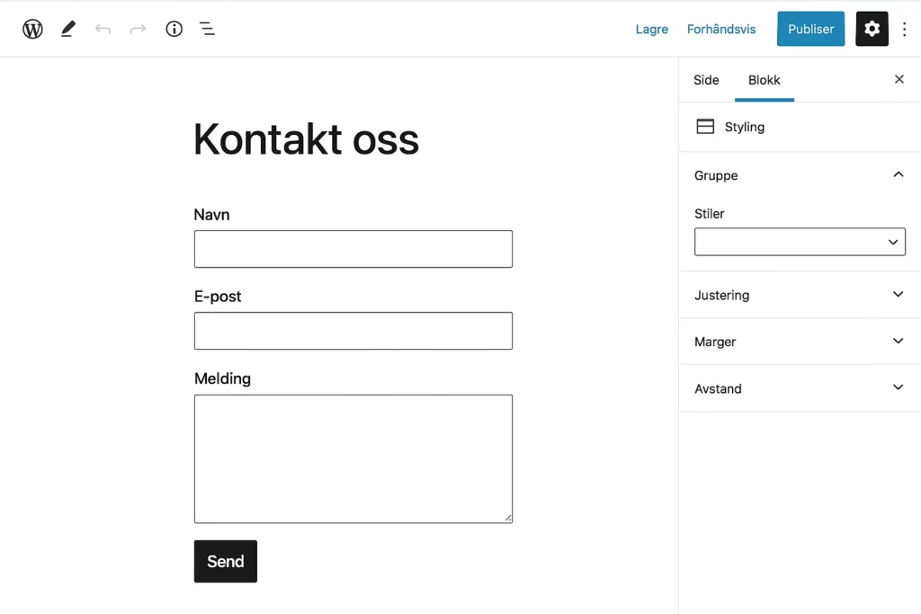 WordPress blokkredigering av en “Kontakt oss” side med felt for navn, e-post og melding