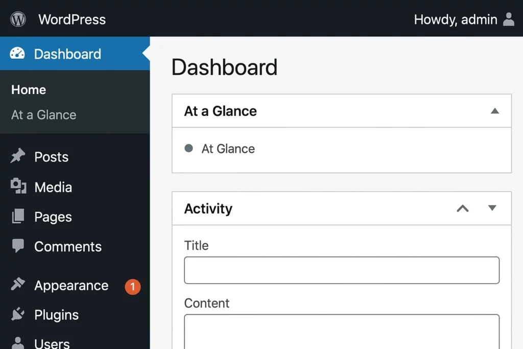 WordPress-dashbordet etter innlogging, som viser menyvalgene
