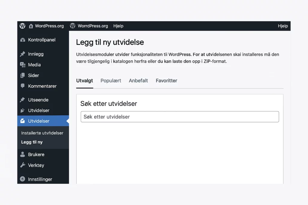 Legg til ny utvidelse” i WordPress, med søkefelt for plugins