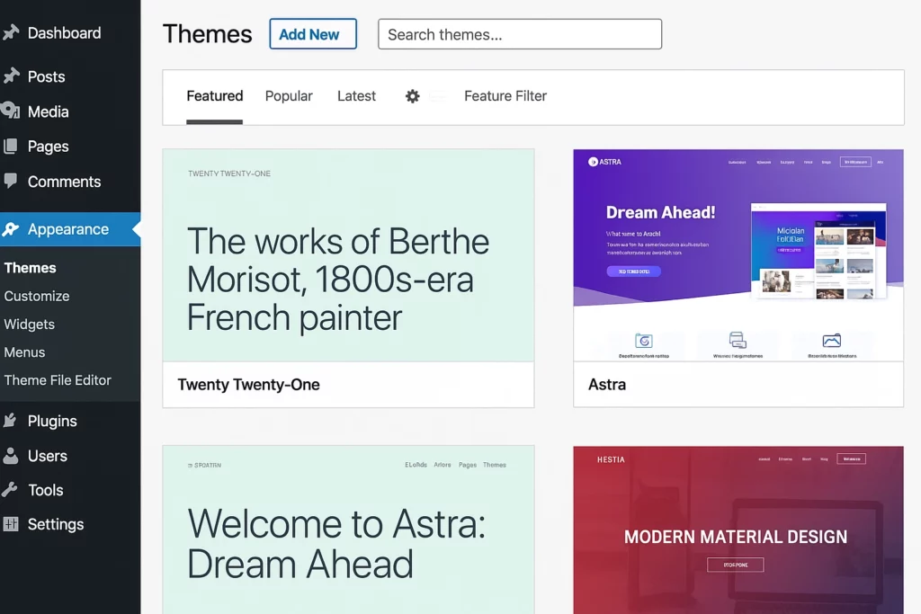WordPress temakatalog i dashbordet, med søkefunksjonen synlig